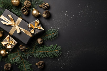 Christmas background with gift box and christmas tree, new year banner backgroundの素材