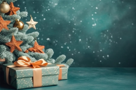 Christmas background with gift box and christmas tree, new year banner backgroundの素材