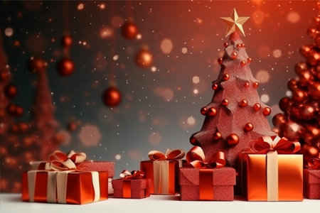 Christmas background with gift box and christmas tree, new year banner backgroundの素材