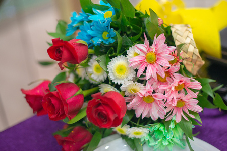 Flower bouquet for birthday party, Roses and gerbers, pink roses, flower bouquet for holiday, flowers for girlfriend, flowers for motherの写真素材
