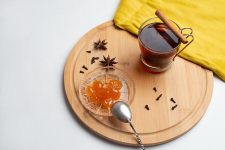 Tea with jam and chocolate for breakfast. Continental breakfast concept.の写真素材