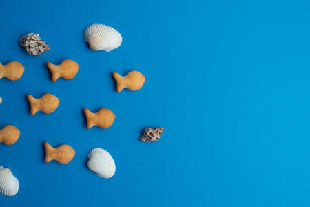 Composition of exotic sea shells and fish crackers on a blue background. Sea concept. Top Viewの写真素材