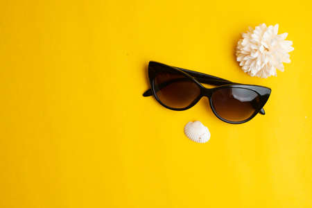 Woman sunglasses with flower on yellow background. Summer vacation and woman face concept. Copyspace for textの写真素材