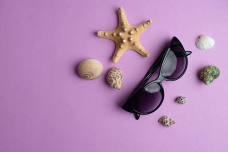 Summer accessories, sea exotic shells and sun glasses on violet background. Summer concept. Copyspace for textの写真素材