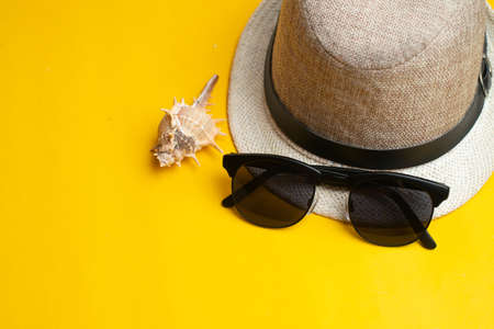 Summer accessories, sea exotic shell, panama hat and sun glasses on violet background. Summer vacation and sea concept. Copyspace for textの写真素材