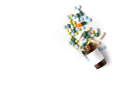 Coronavirus 2019-nCoV outbreak. Pills and drug, care during illness. White isolated background.の写真素材