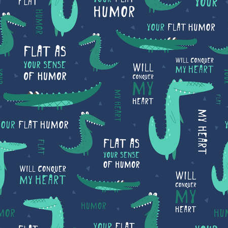 Funny, seamless vector hand-drawn crocodile. Isolated on a blue background. Graphic reptile in cartoon style. Fabric, textiles, gifts, wallpaper. English textのイラスト素材