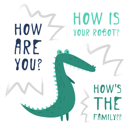 Funny vector hand-drawn crocodile. Isolated over white background. Graphic illustration in cartoon style. Fabric, textiles, gifts, wallpaper. English textのイラスト素材