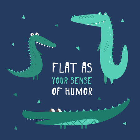Funny vector hand-drawn alligator. Isolated on a blue background. Graphic illustration in cartoon style. Fabric, textiles, gifts, wallpaper. English textのイラスト素材
