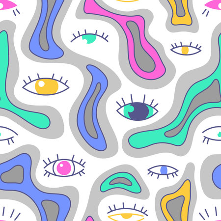 The fluorescent seamless pattern consists of various hand-drawn graphics. Eyes vector flat illustration, symbol of evil, magic, clairvoyance isolated on white background. Fabric, textiles, giftsのイラスト素材