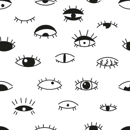 The Black and white seamless pattern consists of hand-drawn graphics. Eyes vector flat illustration, symbol of evil, magic, evil eye isolated on white background.のイラスト素材