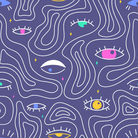 The fluorescent seamless pattern consists of various hand-drawn graphics. Eyes vector flat illustration, symbol of evil, magic, clairvoyance isolated on white background.のイラスト素材