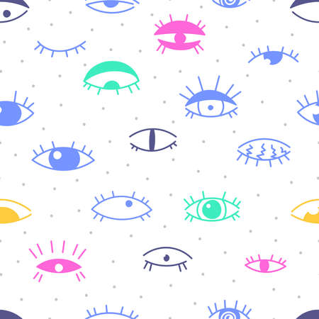 The Colored, seamless pattern consists of various hand-drawn graphics. Eyes vector flat illustration, symbol of evil, magic, clairvoyance isolated on white background.のイラスト素材
