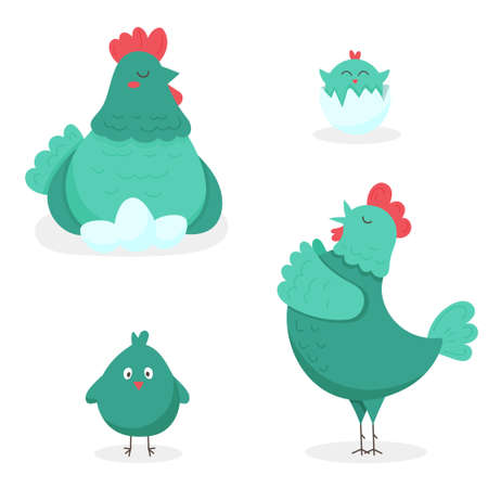Funny family with hen, rooster and chickens. The graphic illustration is isolated on a white background.のイラスト素材