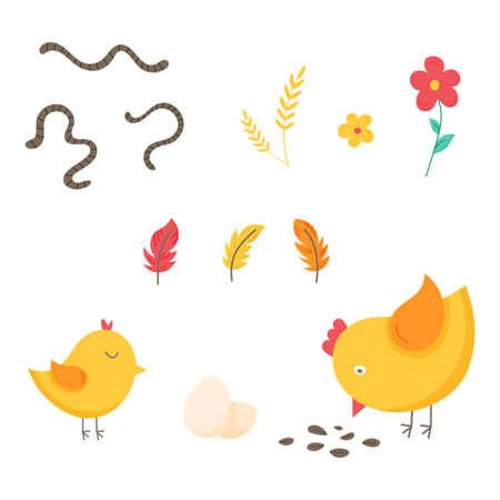 Set of funny vector chickens, eggs, feathers and worms. The graphic illustration is isolated on a white background.のイラスト素材