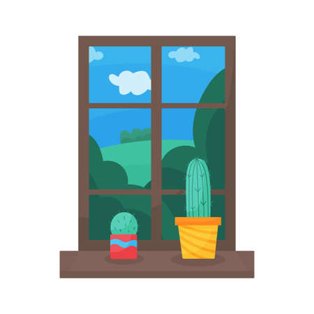 Set of trendy, vector, indoor plants in pots for the house on the window Cacti isolated on white background. Bright flat illustrationsのイラスト素材