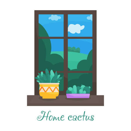Set of trendy, vector, indoor plants in pots for the house on the window Cacti isolated on white background. Bright flat illustrationsのイラスト素材