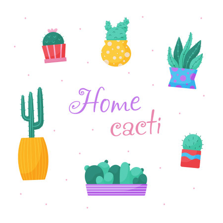Set of trendy, vector, indoor plants in pots for home. Cacti isolated on white background. Bright flat illustrationsのイラスト素材