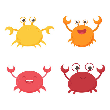 Isolated funny vector sea crabs. Set of freshwater aquarium cartoon crabs for print, children development. Arthropod, graphic, decorative, colored, animalsのイラスト素材