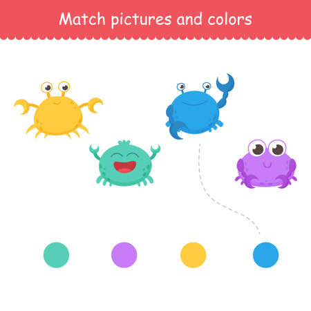 Isolated funny sea crabs. Set of freshwater aquarium cartoon crabs for print, kids development, find the right color. Varieties of decorative colored animalsのイラスト素材