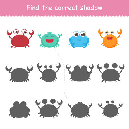 Isolated funny sea crabs. Set of freshwater aquarium cartoon crabs for print, child development, find the right shadow. Varieties of decorative colored animalsのイラスト素材