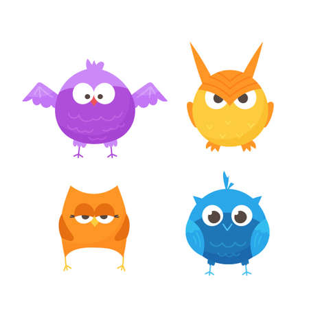 Isolated on white background cute forest owls. Set of cartoon animals for print, children development.のイラスト素材