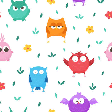 Isolated, seamless, vector pattern with forest owls. Set of cartoon animals for print, children development.のイラスト素材