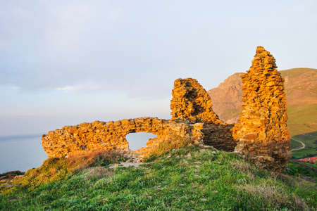Ruined castle wall from Gokceada in Aegean Turkeyの写真素材