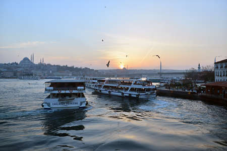ferries are ready to move in golden horn, karakoy, istanbulのeditorial素材