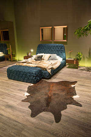 luxury and stylish bedroom design and leather rugs on the floorのeditorial素材