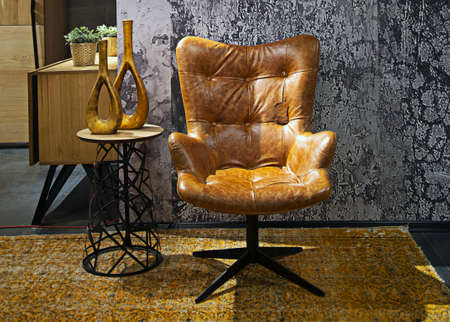 single leather couch and elegant coffee tableのeditorial素材