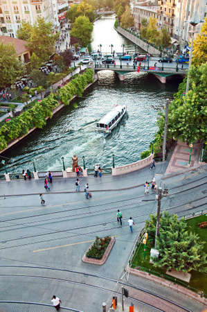 cruise boat on the canal and the view of Eski?ehir city from aboveのeditorial素材