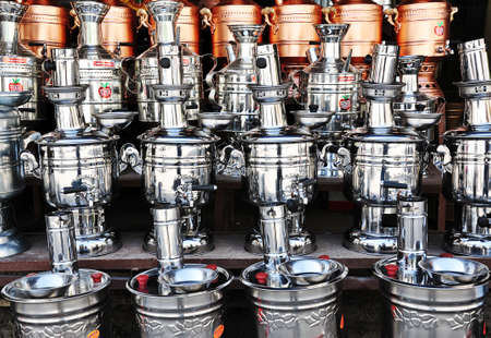 Turkish silver and copper teapots aka samovar in Amasya, Turkeyのeditorial素材