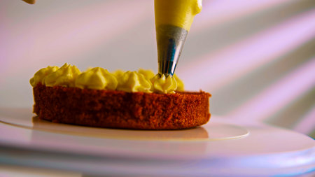 Close-up of the hand of a pastry chef rating a cake.のeditorial素材