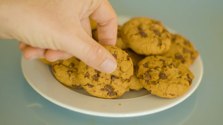 Chocolate chip cookies on a white plate in a woman's handのeditorial素材