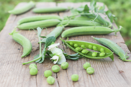 Fresh green peas, pods and branch with flowers and leaves on wooden surface. Selective focus, close-upの写真素材