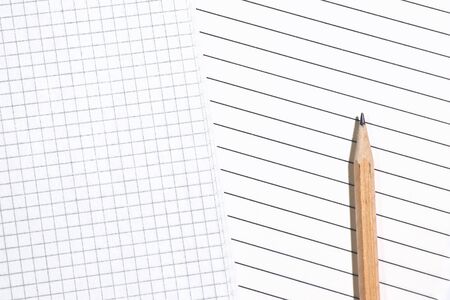 Close-up of empty pages in a cage and in a lined with pencil. The choice of the two options. Top view, copyspaceの写真素材
