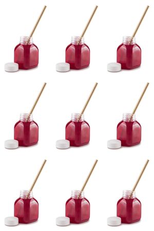 Summer seamless pattern with fresh fruit drink bottle and paper straw on white background. Isometric textureの写真素材
