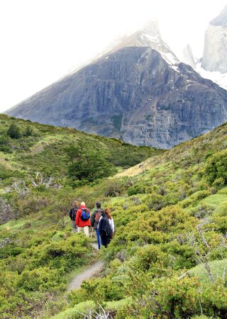 A group of four travellers hiking among the wilds of Patagonia, South America.のeditorial素材