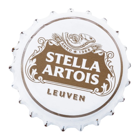 Tel-Aviv, Israel - February, 1st 2010: A white metal cap with golden Stella Artois brand name on it, used for sealing the glass Stella Artois beer bottles. Isolated on white background.のeditorial素材