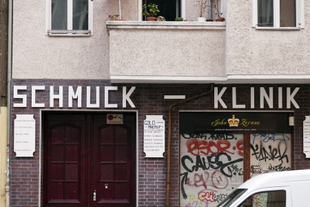 Berlin, Germany - June 9th, 2012: Sign and entrance to a jewelry store called 'Schmuck klinik (jewelry clinic), located at Boxhagener streetのeditorial素材
