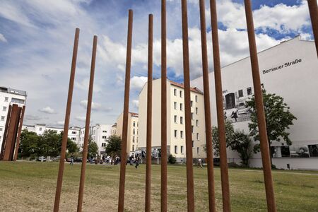 Berlin, Germany - June 10th, 2012: Wide angle view of part of the Berlin wall memorial at Bernauer...