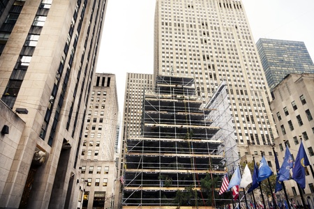 The traditional Rockefeller Center Christmas tree surrounded by scaffolding, in preperation for the...