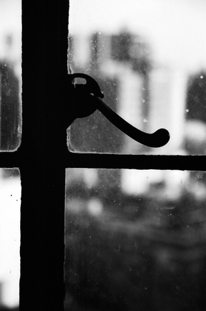 Downtown Manhattan through the window in the background.の写真素材