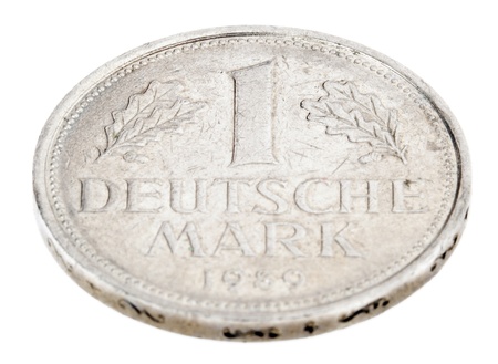 High angle view of the obverse (heads) side of a a 1 Deutsche Mark (DM) coin minted in 1989. の写真素材