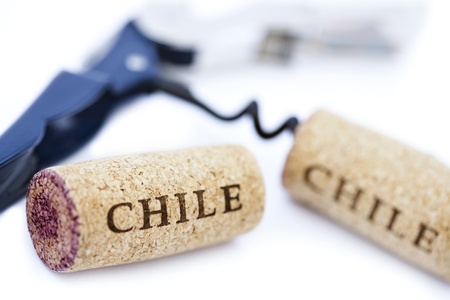 Two 'Chile' corks, one of them screwed to a blue bottle opener, the other one stained with red wine.
Isolated on white background.の写真素材