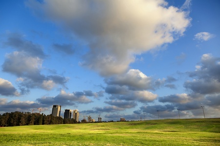 Bright green grassy hill at a park, with a line of dark green trees bordering the park from the concrete urban scenery, on the background of cloudy afternoon sky.の写真素材