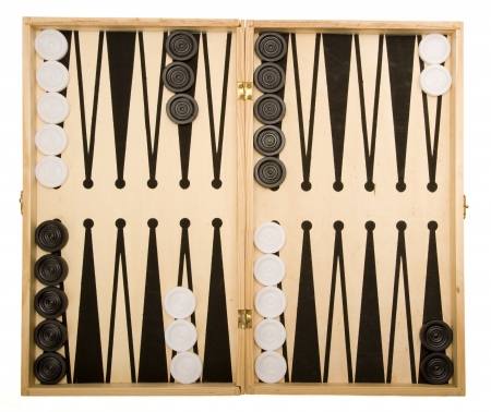 Backgammon set, ready for play. Isolated on white background.