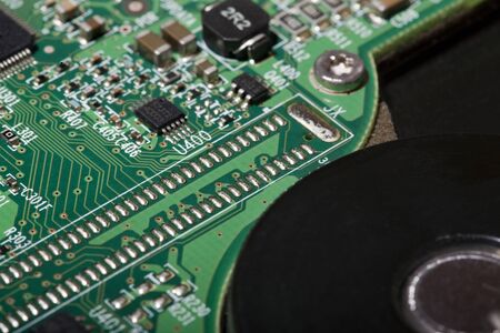The exterior electronics of a hard drive.