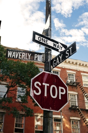Low angle view of a street signi n the intersection of Waverly Place and Gay Street in the West Village, Manhattan, New-Yorkの写真素材
